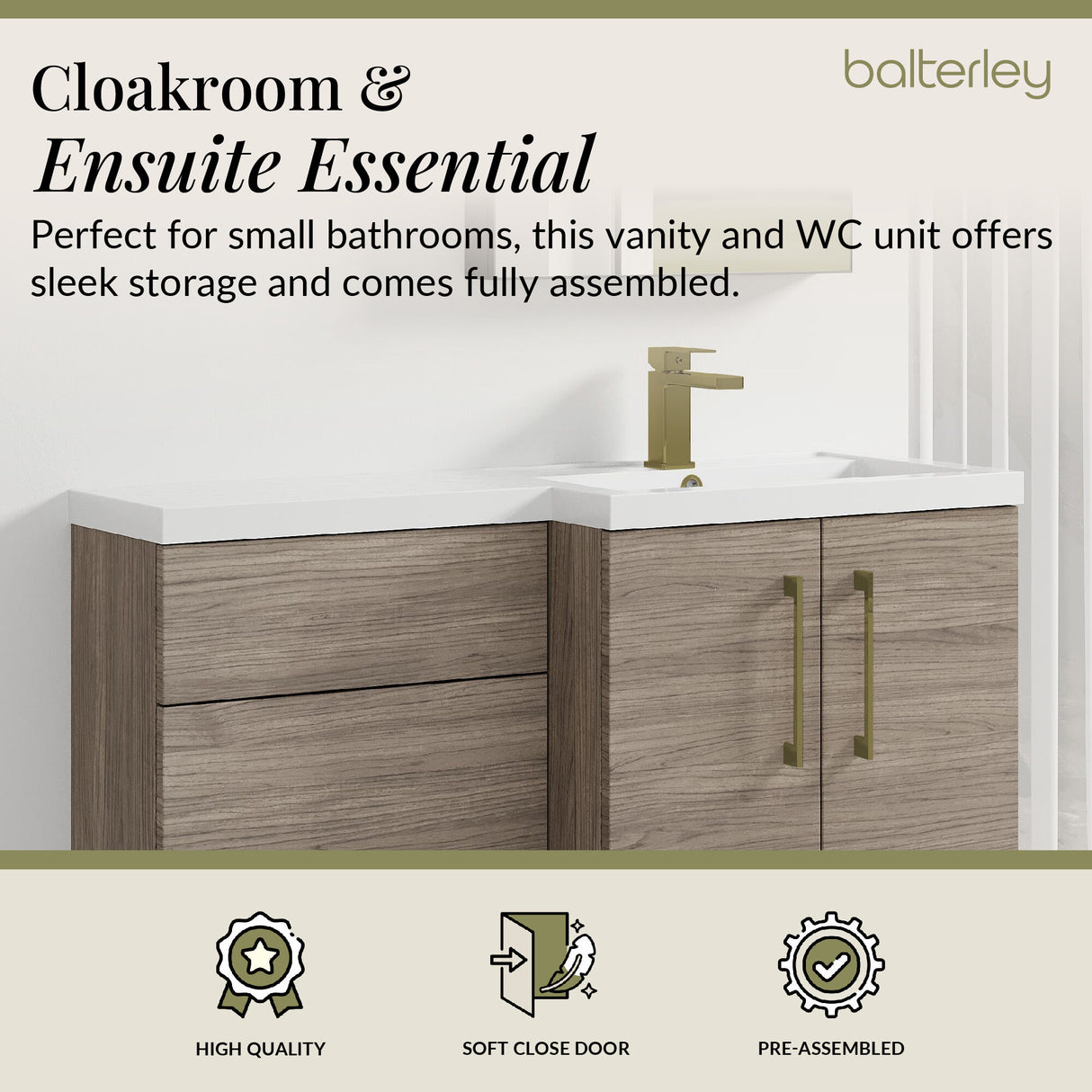 Bathroom Combination Vanity Unit with Basin & WC, Right Hand, 1100mm x 390mm - Choice of Colour and Handle Finish