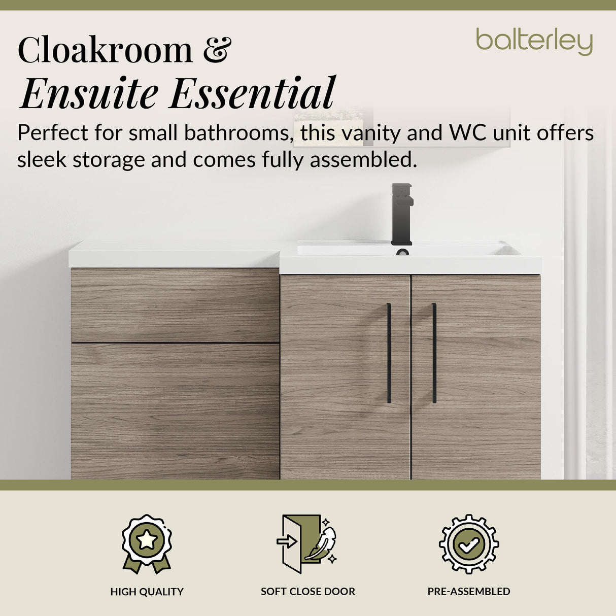 Bathroom Combination Vanity Unit with Basin & WC, Right Hand, 1100mm x 390mm - Choice of Colour and Handle Finish
