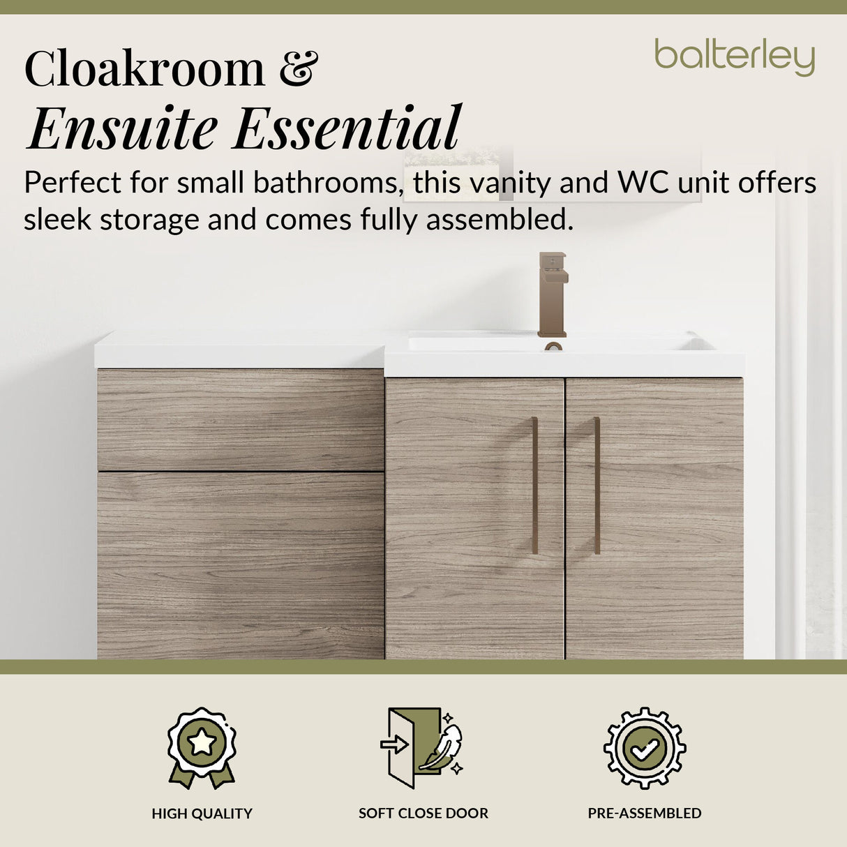 Bathroom Combination Vanity Unit with Basin & WC, Right Hand, 1100mm x 390mm - Choice of Colour and Handle Finish