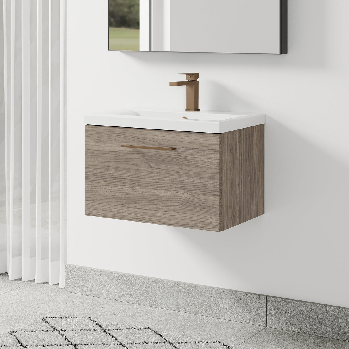 Wall Hung 1 Drawer Vanity Unit with Mid-Edge Ceramic Basin - Choice of Colour, Handle Finish and Size