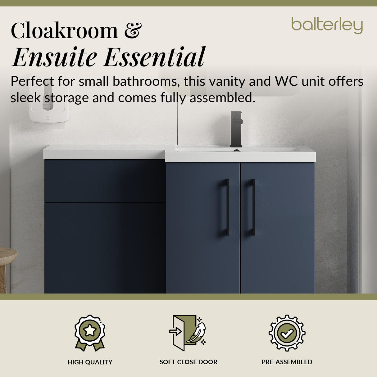 Bathroom Combination Vanity Unit with Basin & WC, Right Hand, 1100mm x 390mm - Choice of Colour and Handle Finish