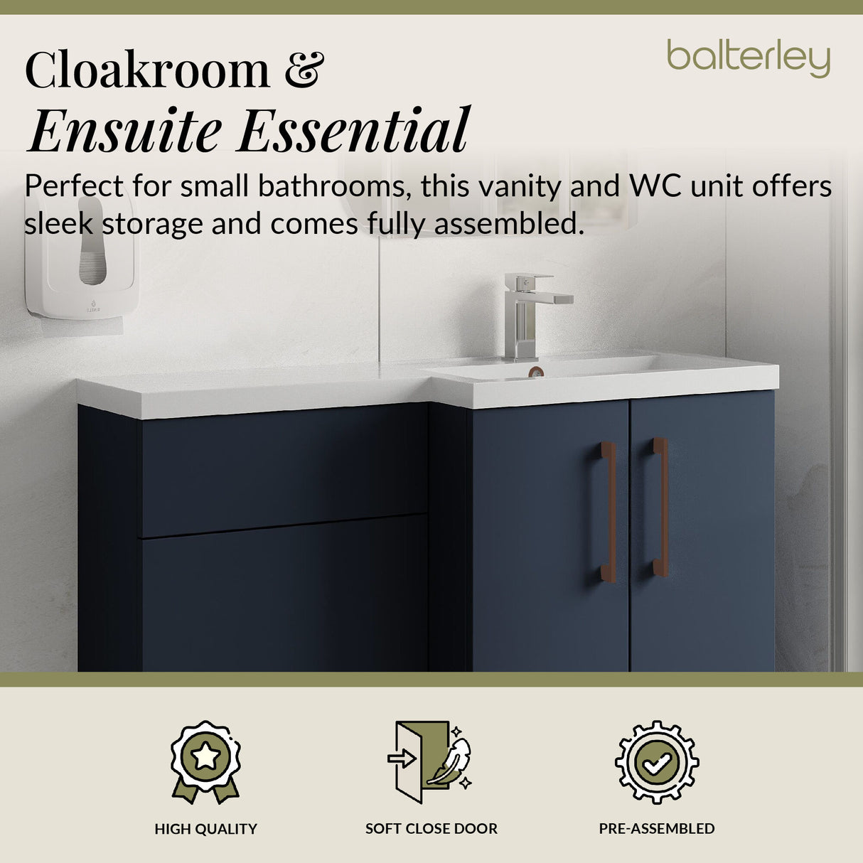 Bathroom Combination Vanity Unit with Basin & WC, Right Hand, 1100mm x 390mm - Choice of Colour and Handle Finish
