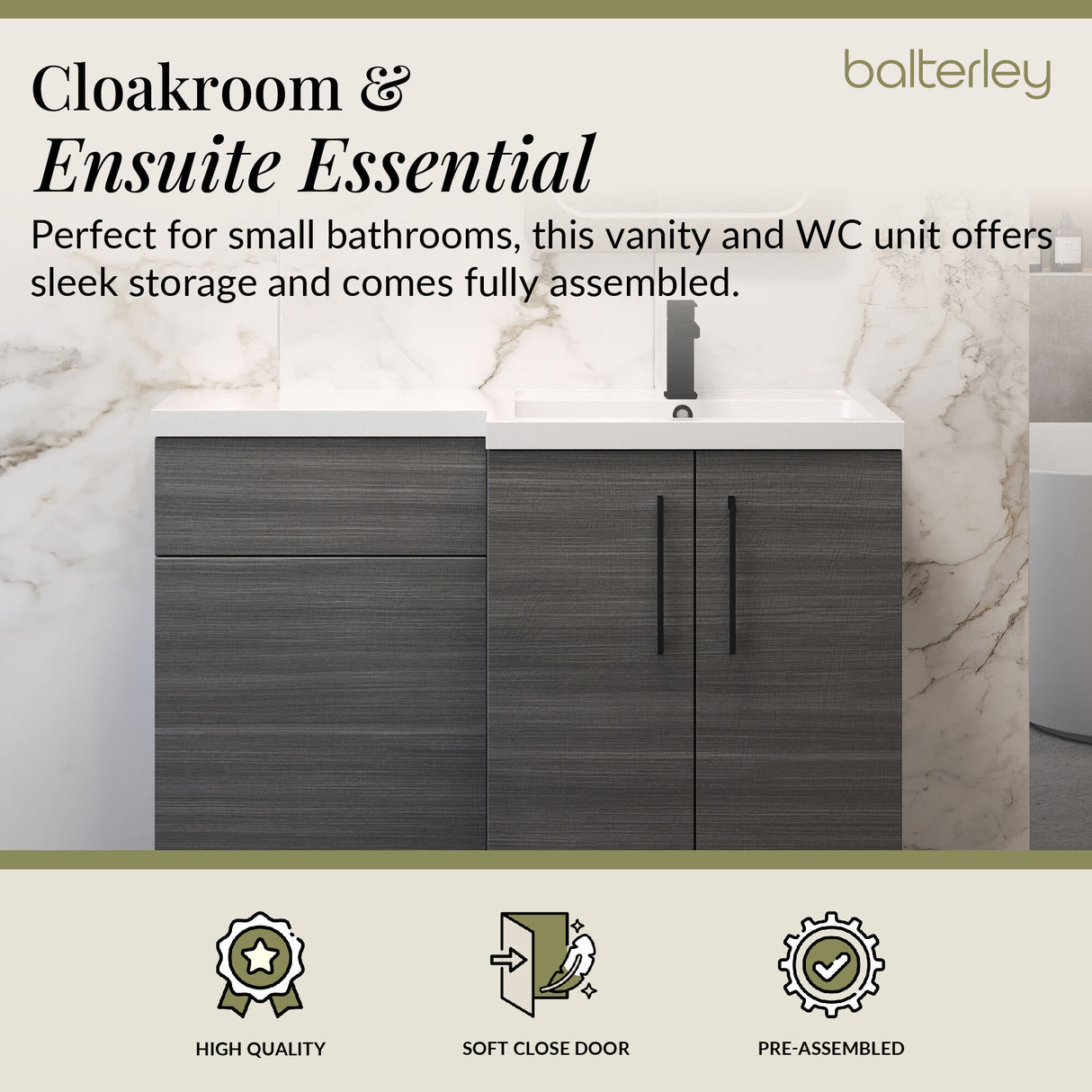Bathroom Combination Vanity Unit with Basin & WC, Right Hand, 1100mm x 390mm - Choice of Colour and Handle Finish
