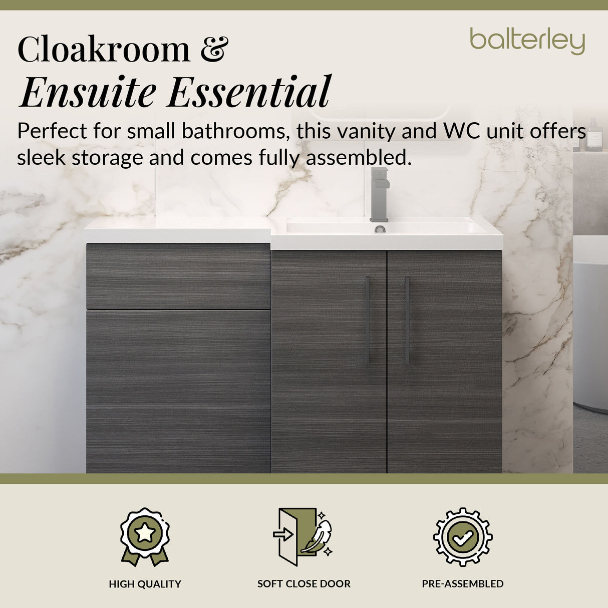 Bathroom Combination Vanity Unit with Basin & WC, Right Hand, 1100mm x 390mm - Choice of Colour and Handle Finish