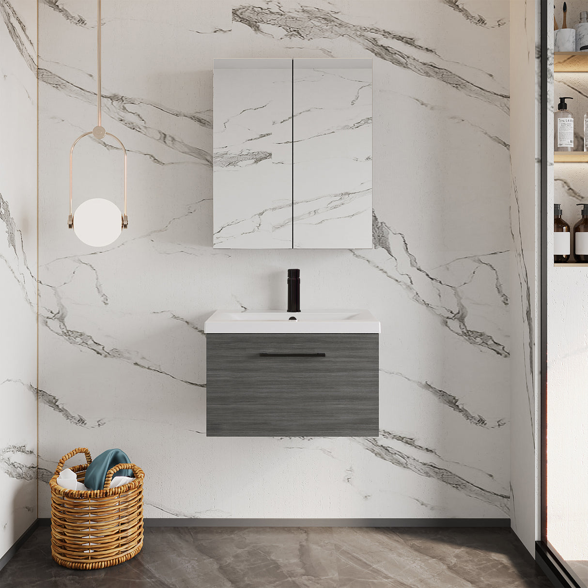 Wall Hung 1 Drawer Vanity Unit with Mid-Edge Ceramic Basin - Choice of Colour, Handle Finish and Size