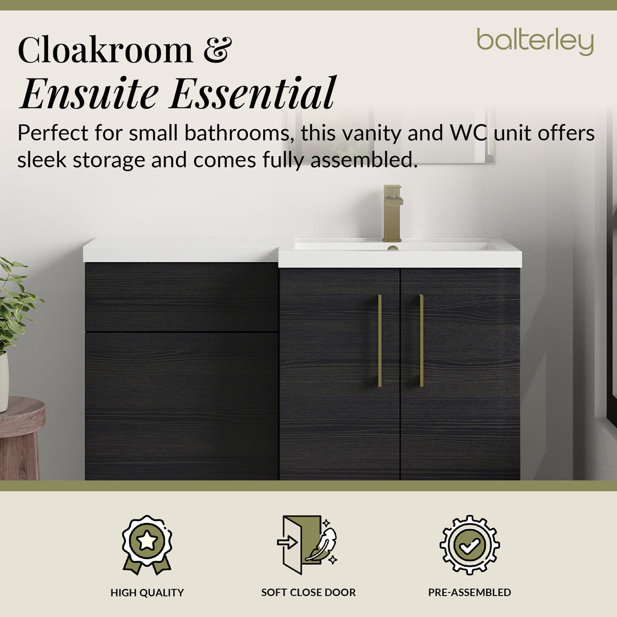 Bathroom Combination Vanity Unit with Basin & WC, Right Hand, 1100mm x 390mm - Choice of Colour and Handle Finish