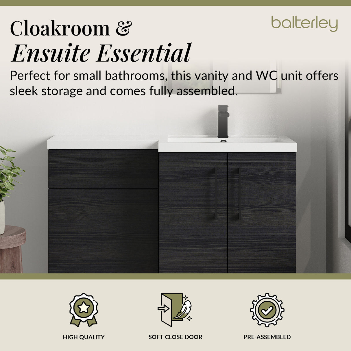 Bathroom Combination Vanity Unit with Basin & WC, Right Hand, 1100mm x 390mm - Choice of Colour and Handle Finish