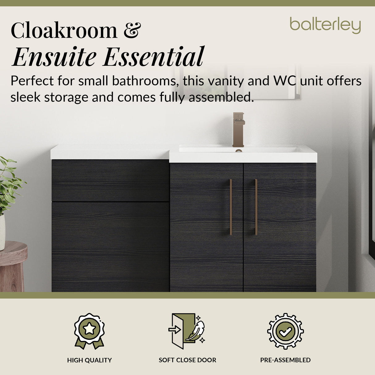 Bathroom Combination Vanity Unit with Basin & WC, Right Hand, 1100mm x 390mm - Choice of Colour and Handle Finish