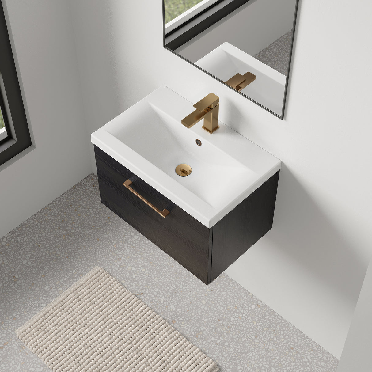 Wall Hung 1 Drawer Vanity Unit with Mid-Edge Ceramic Basin - Choice of Colour, Handle Finish and Size