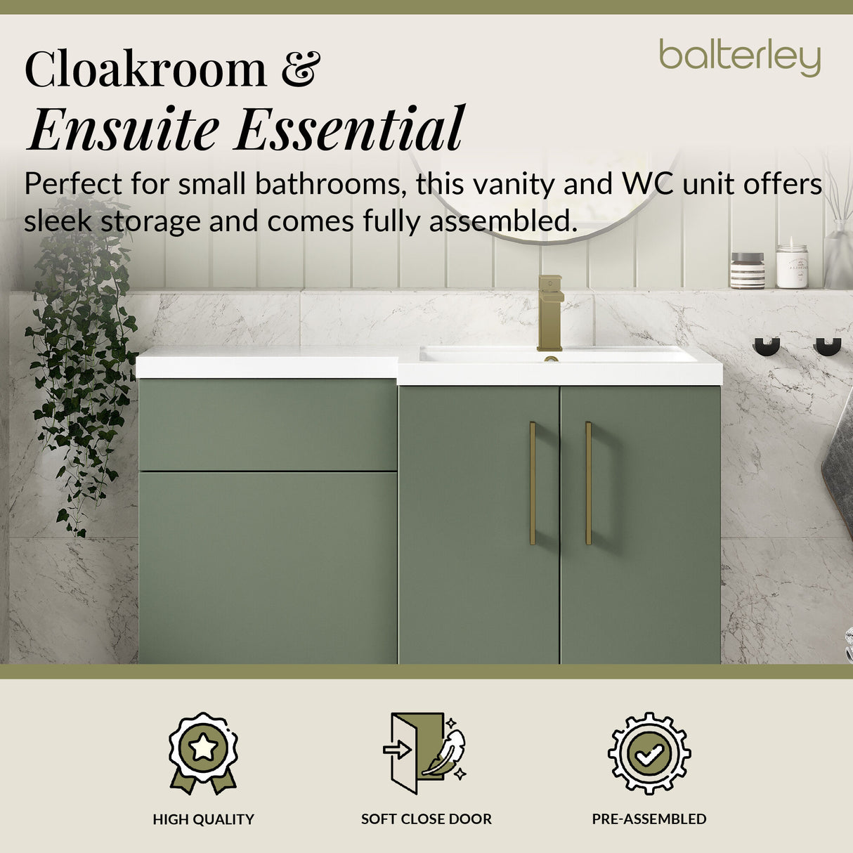 Bathroom Combination Vanity Unit with Basin & WC, Right Hand, 1100mm x 390mm - Choice of Colour and Handle Finish