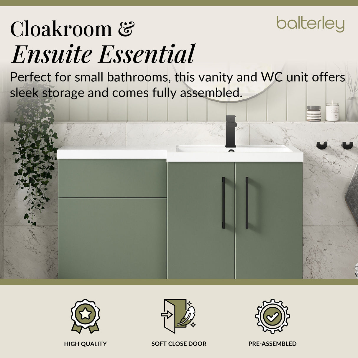Bathroom Combination Vanity Unit with Basin & WC, Right Hand, 1100mm x 390mm - Choice of Colour and Handle Finish