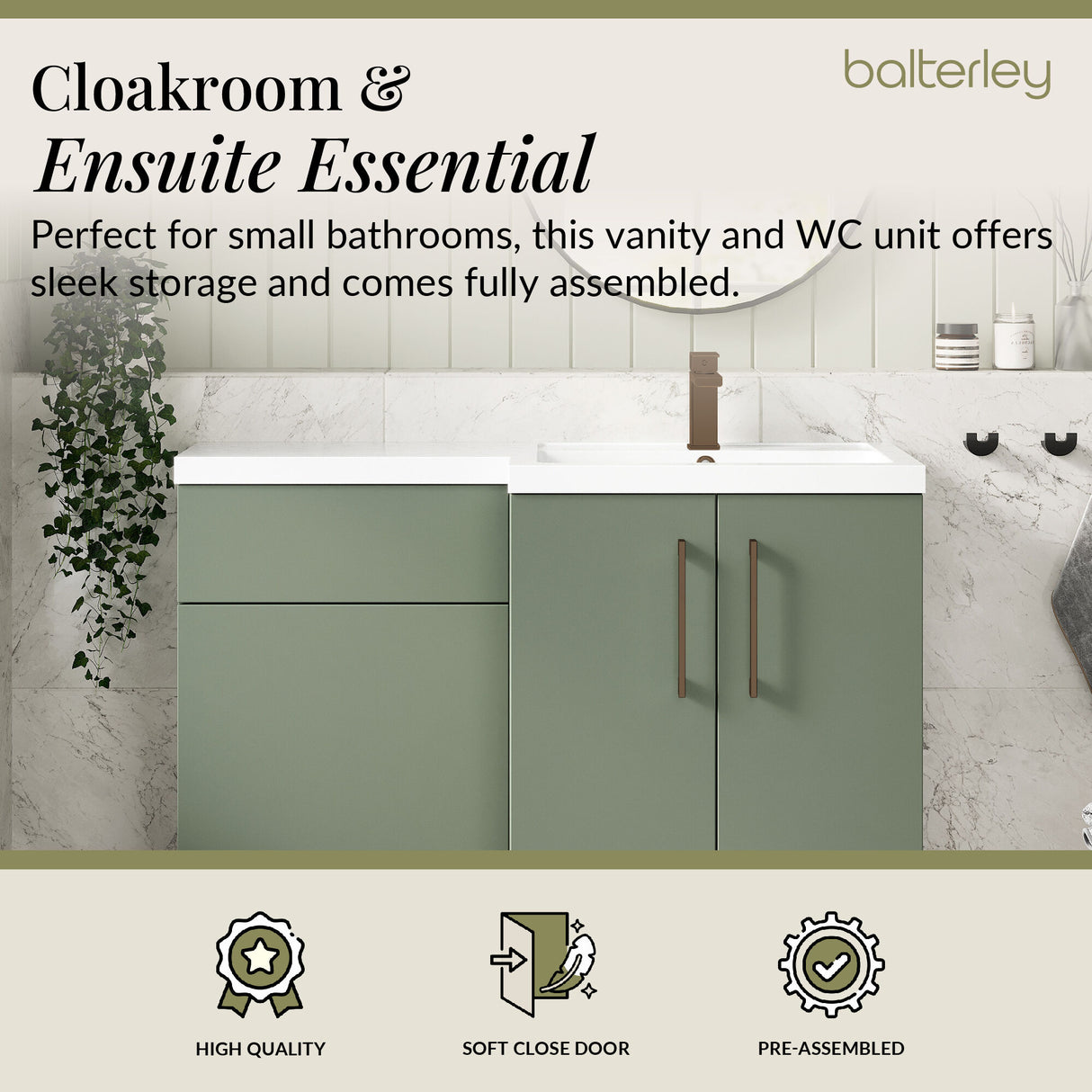 Bathroom Combination Vanity Unit with Basin & WC, Right Hand, 1100mm x 390mm - Choice of Colour and Handle Finish