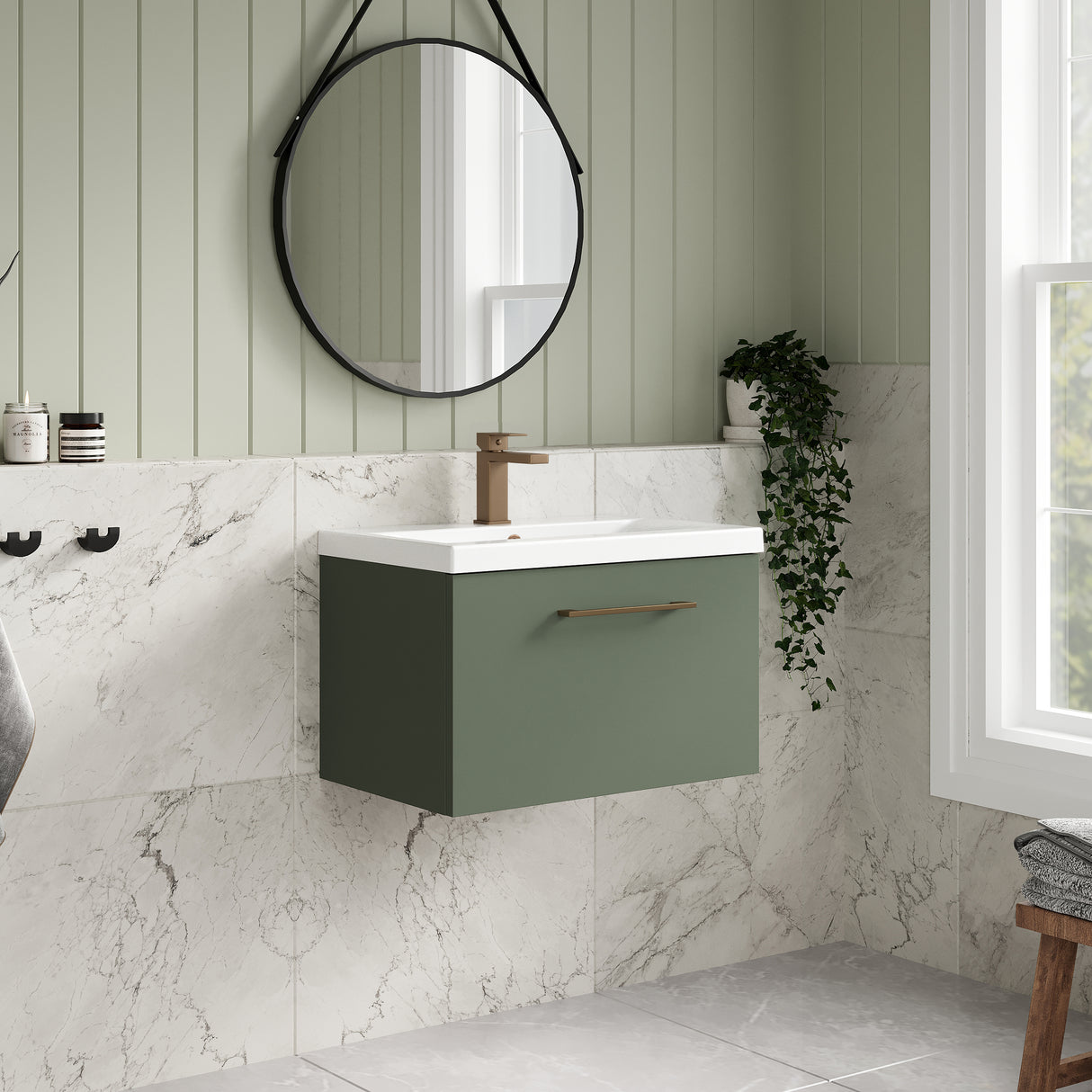 Wall Hung 1 Drawer Vanity Unit with Mid-Edge Ceramic Basin - Choice of Colour, Handle Finish and Size