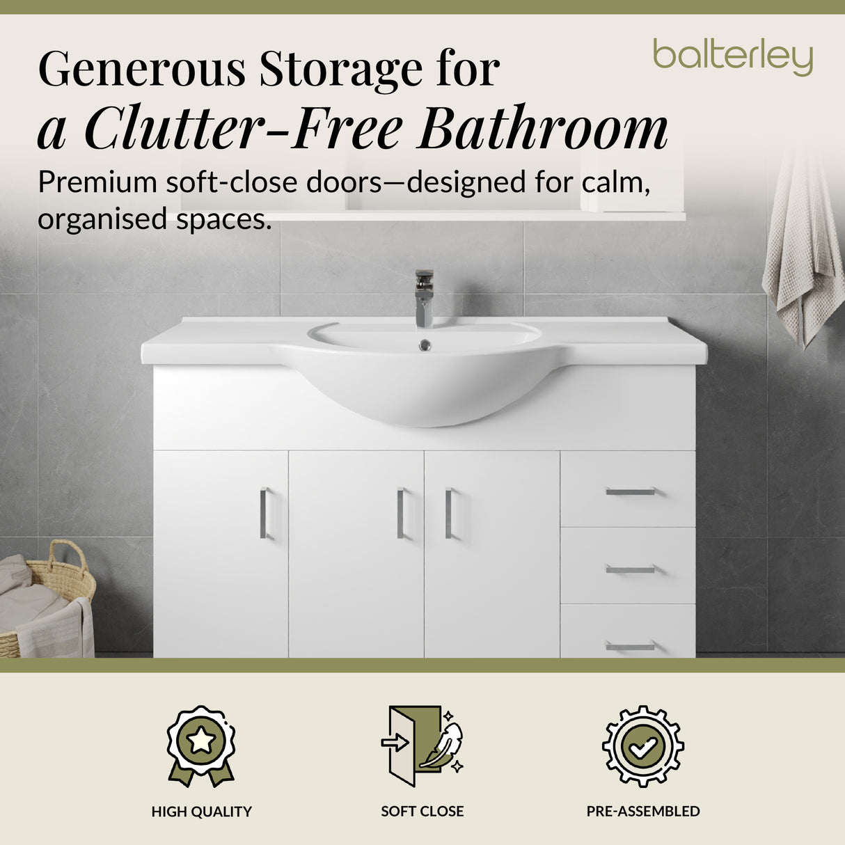 Contemporary Floor Standing Vanity Unit with Round Ceramic Basin – Gloss White, Choice of Doors, Drawers & Sizes