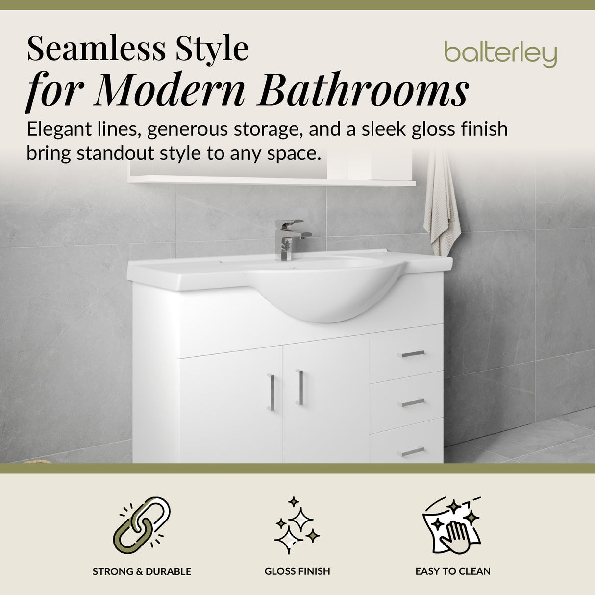 Contemporary Floor Standing Vanity Unit with Round Ceramic Basin – Gloss White, Choice of Doors, Drawers & Sizes