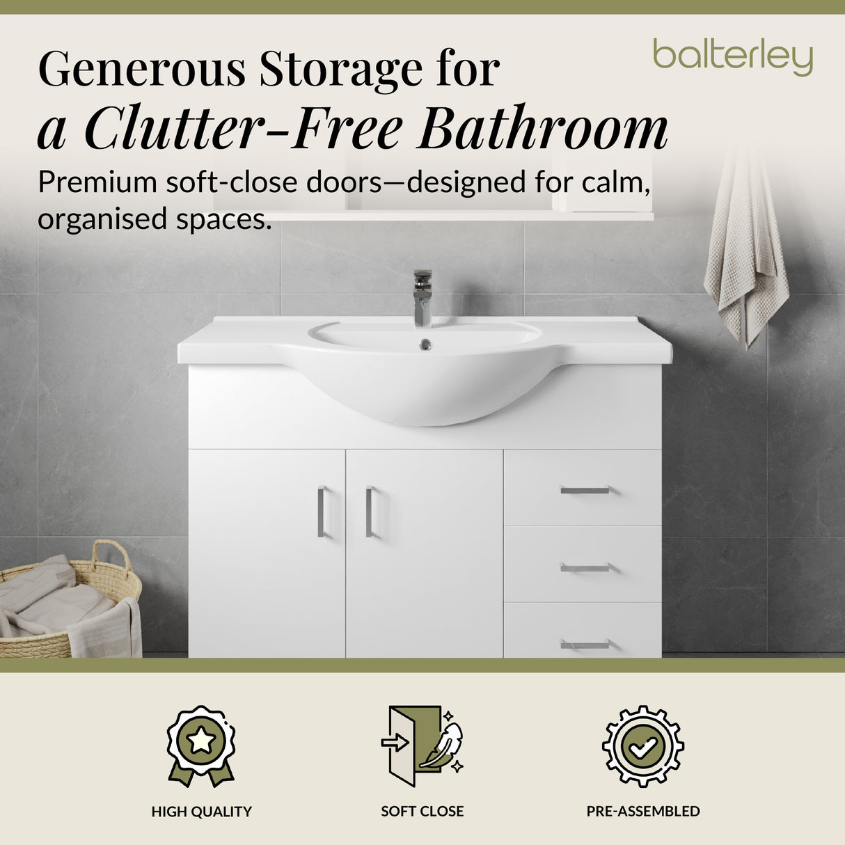 Contemporary Floor Standing Vanity Unit with Round Ceramic Basin – Gloss White, Choice of Doors, Drawers & Sizes