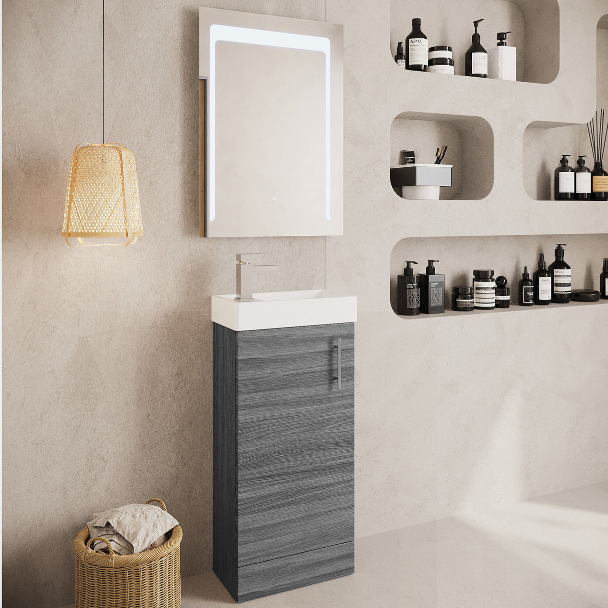 Compact Cloakroom Vanity Basin Unit, 400mm - Choice of Mount Type, Colour and Handle Finish