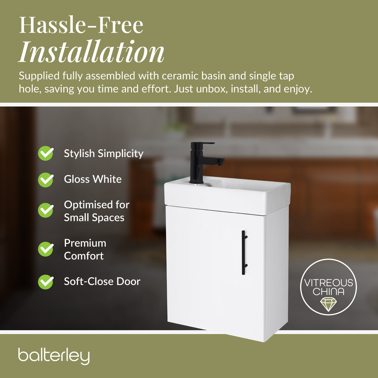 Compact Cloakroom Vanity Basin Unit, 400mm - Choice of Mount Type, Colour and Handle Finish