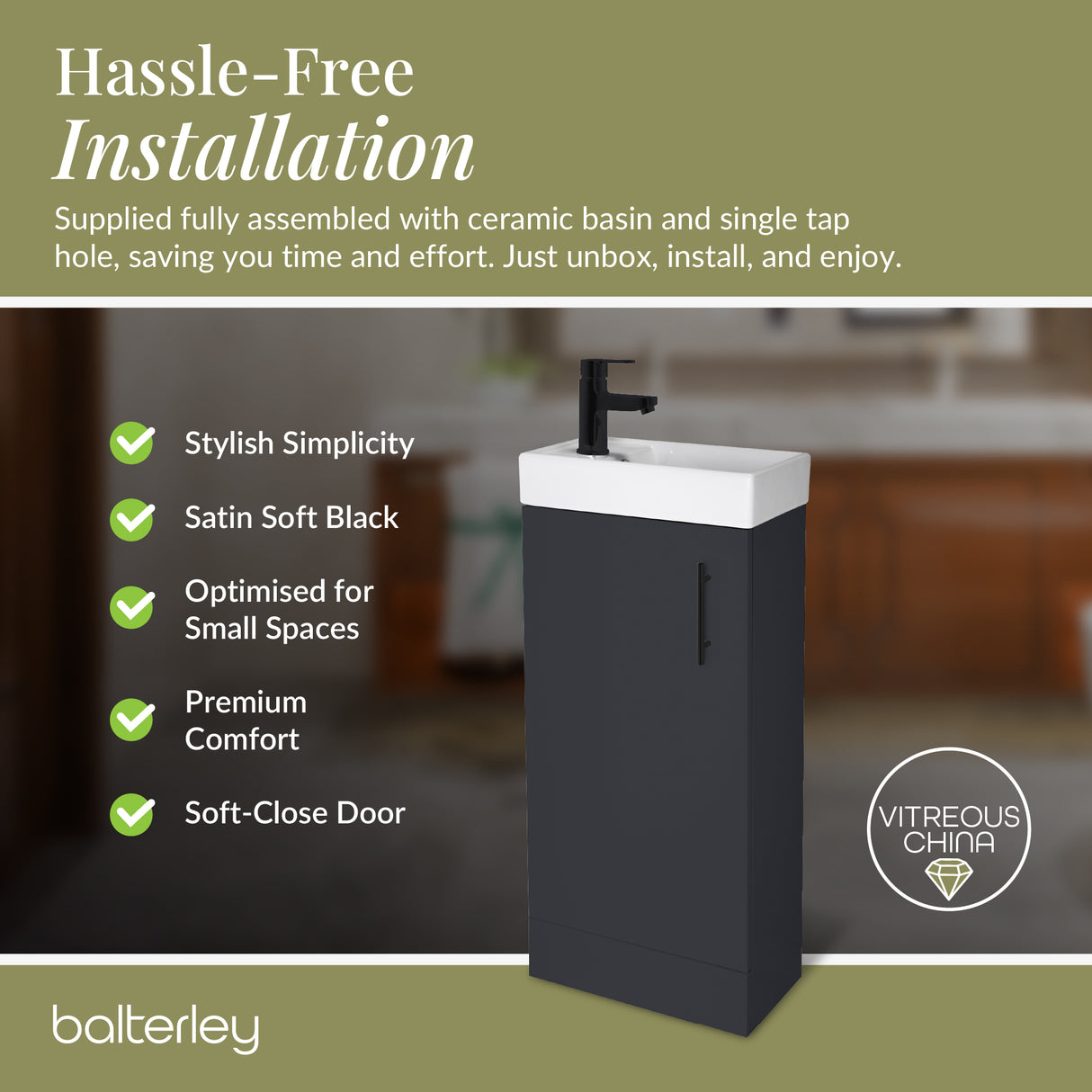 Compact Cloakroom Vanity Basin Unit, 400mm - Choice of Mount Type, Colour and Handle Finish