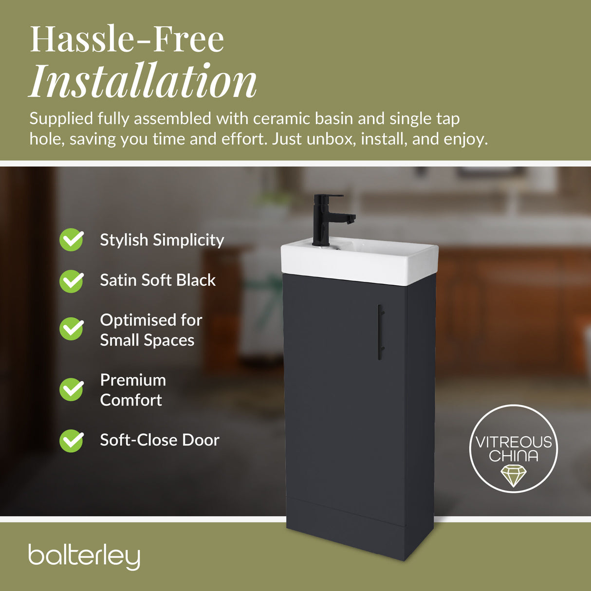 Compact Cloakroom Vanity Basin Unit, 400mm - Choice of Mount Type, Colour and Handle Finish