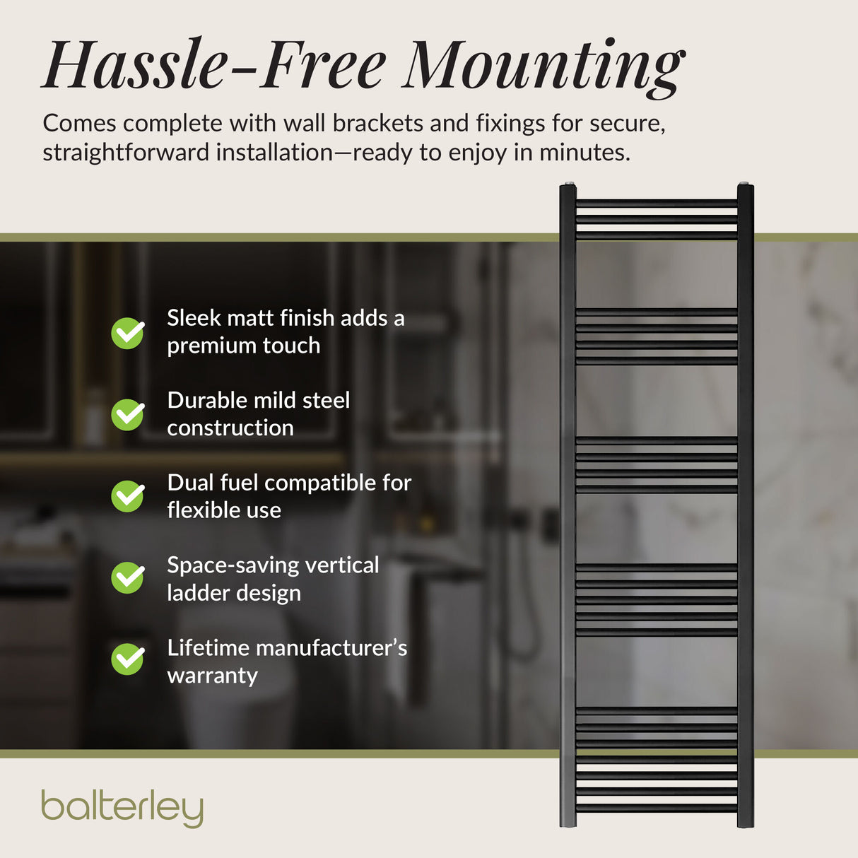 Straight Heated Rail Dual Fuel Towel Warmer, W: 400mm – Choice of Size & Finish