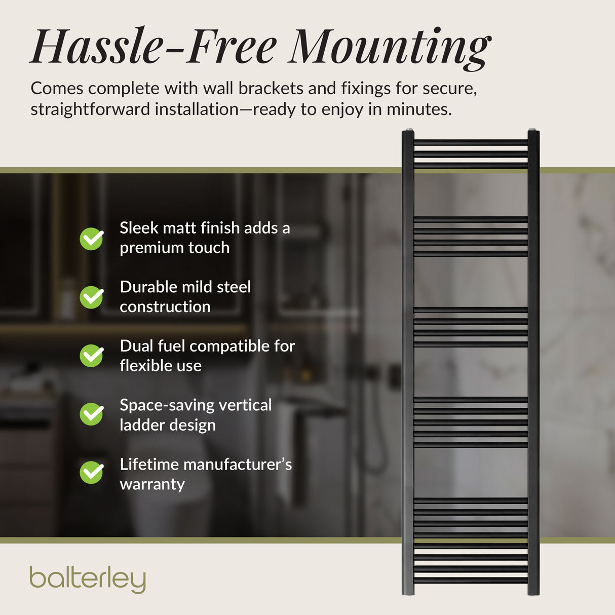 Straight Heated Rail Dual Fuel Towel Warmer, W: 400mm – Choice of Size & Finish