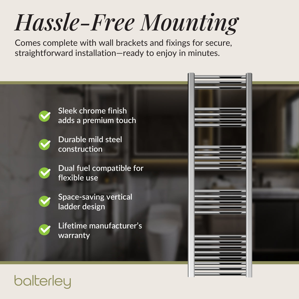 Straight Heated Rail Dual Fuel Towel Warmer, W: 400mm – Choice of Size & Finish