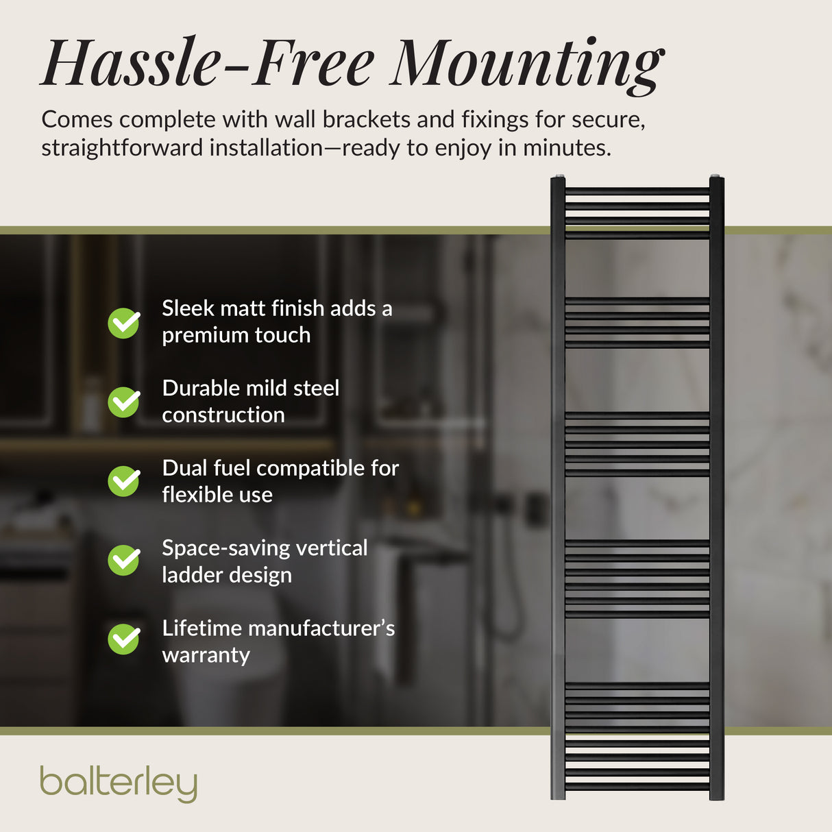 Straight Heated Rail Dual Fuel Towel Warmer, W: 400mm – Choice of Size & Finish