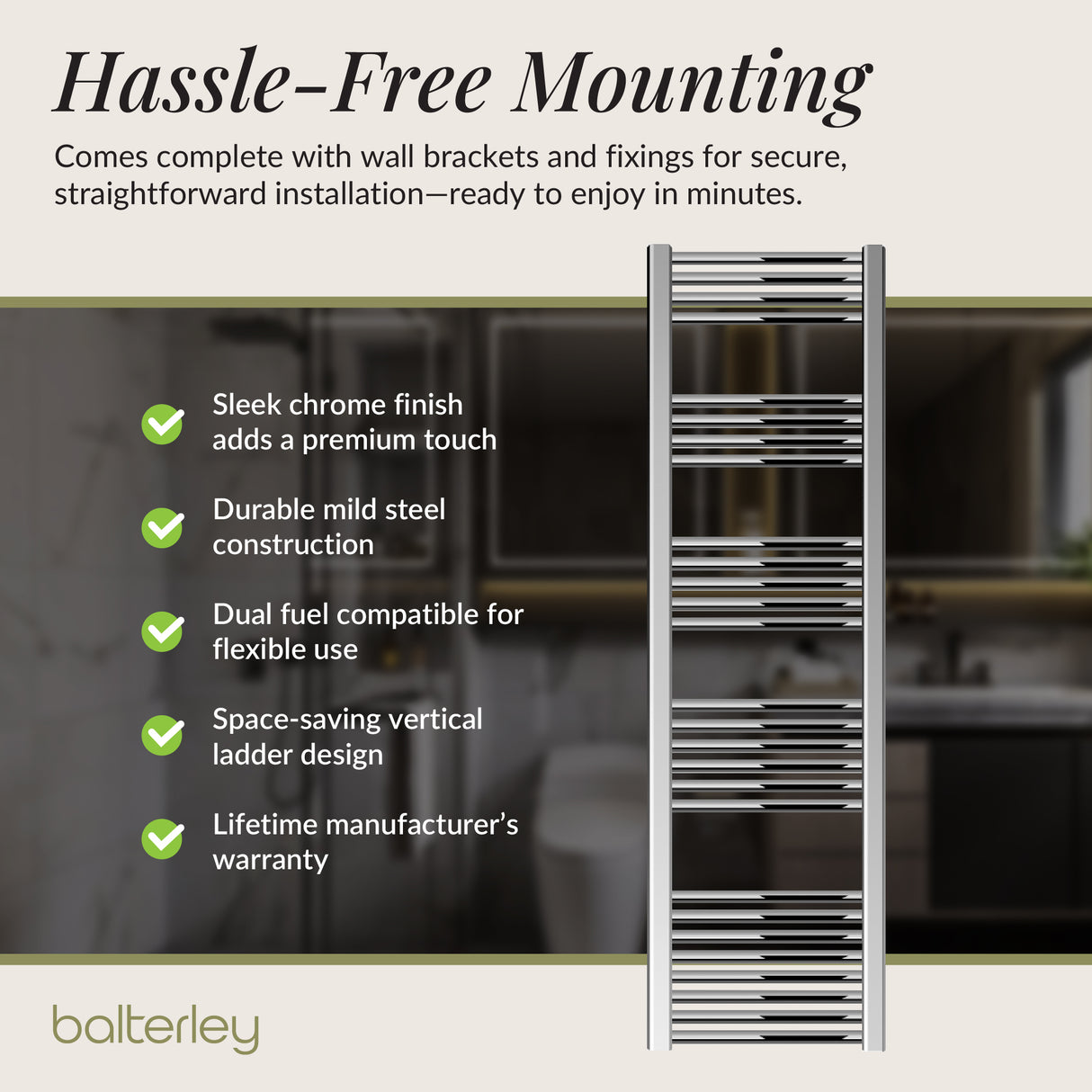 Straight Heated Rail Dual Fuel Towel Warmer, W: 400mm – Choice of Size & Finish