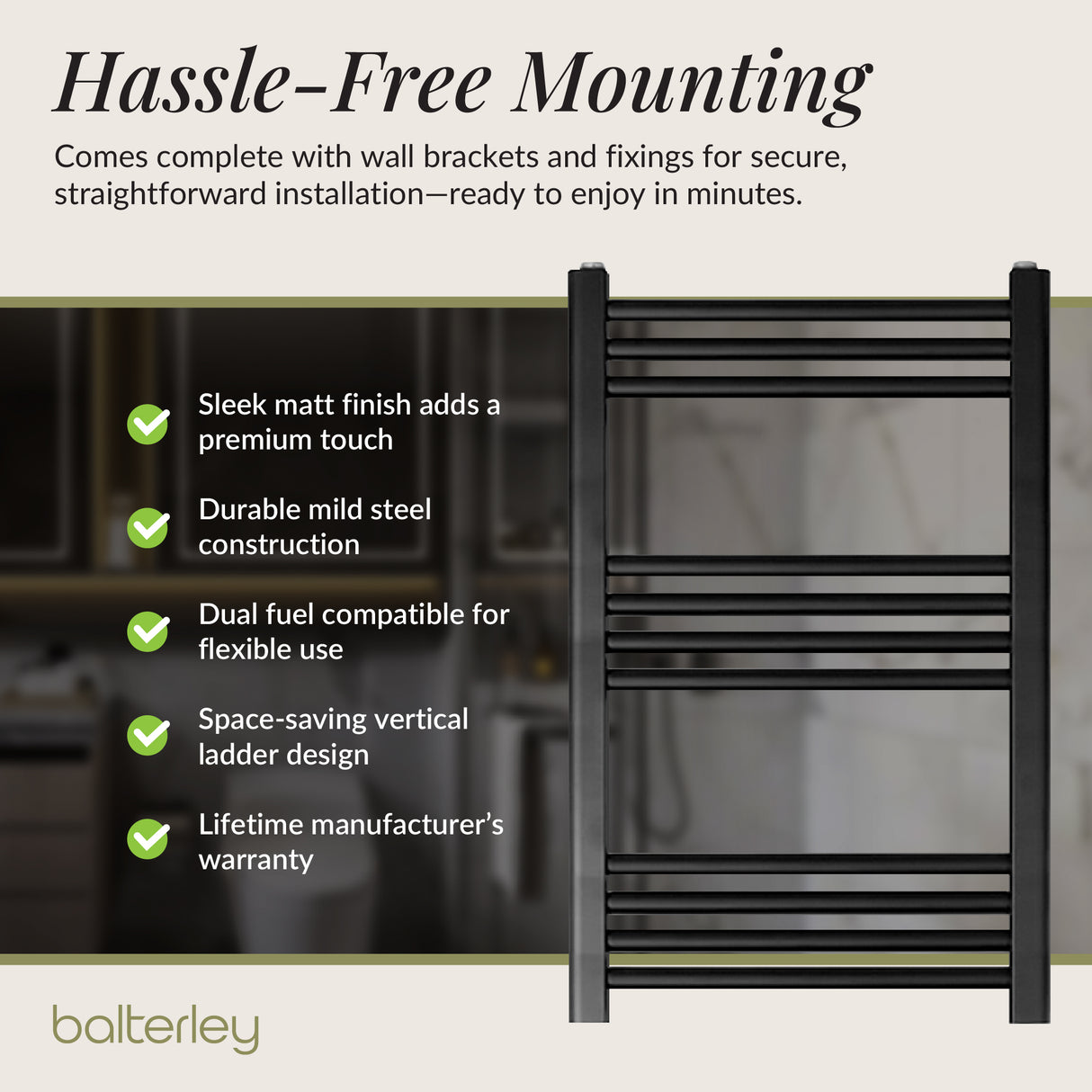 Straight Heated Rail Dual Fuel Towel Warmer, W: 500mm – Choice of Size & Finish