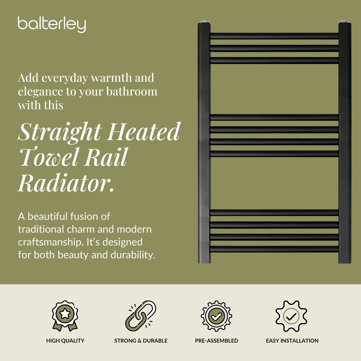 Straight Heated Rail Dual Fuel Towel Warmer, W: 500mm – Choice of Size & Finish