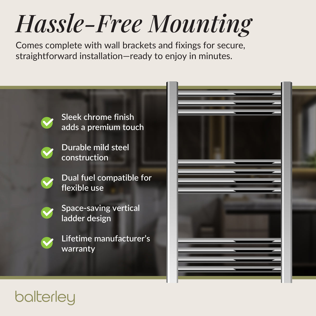 Straight Heated Rail Dual Fuel Towel Warmer, W: 500mm – Choice of Size & Finish