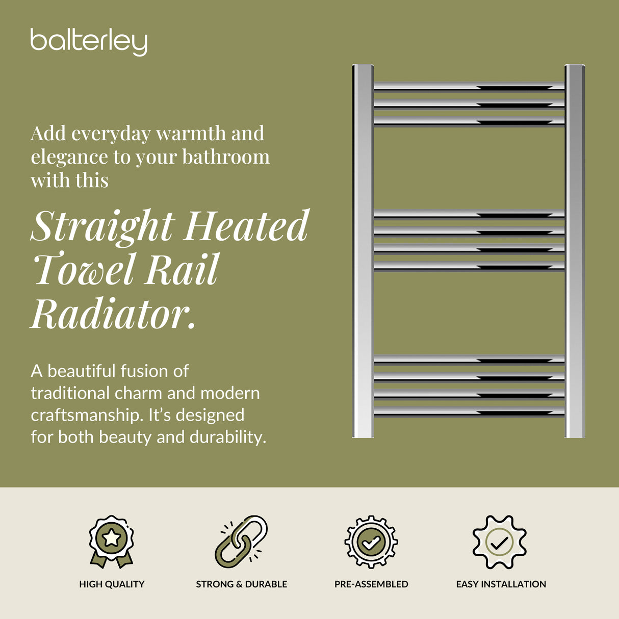 Straight Heated Rail Dual Fuel Towel Warmer, W: 500mm – Choice of Size & Finish