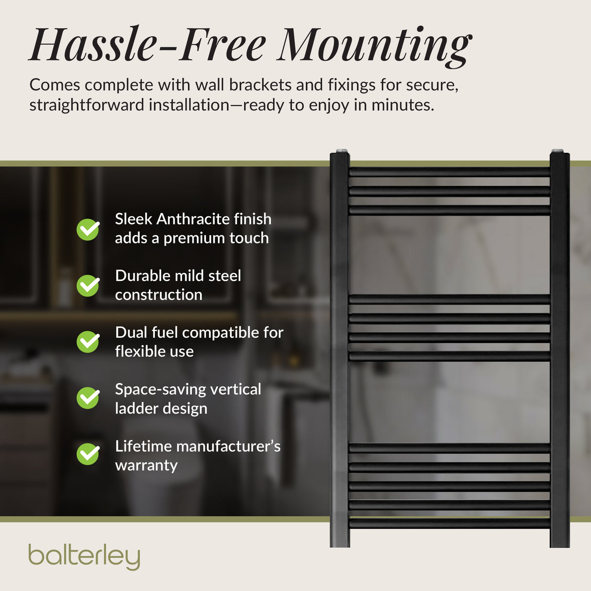 Straight Heated Rail Dual Fuel Towel Warmer, W: 500mm – Choice of Size & Finish