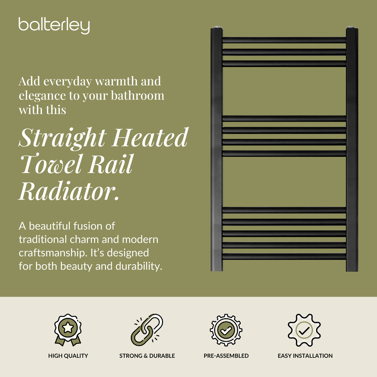 Straight Heated Rail Dual Fuel Towel Warmer, W: 500mm – Choice of Size & Finish