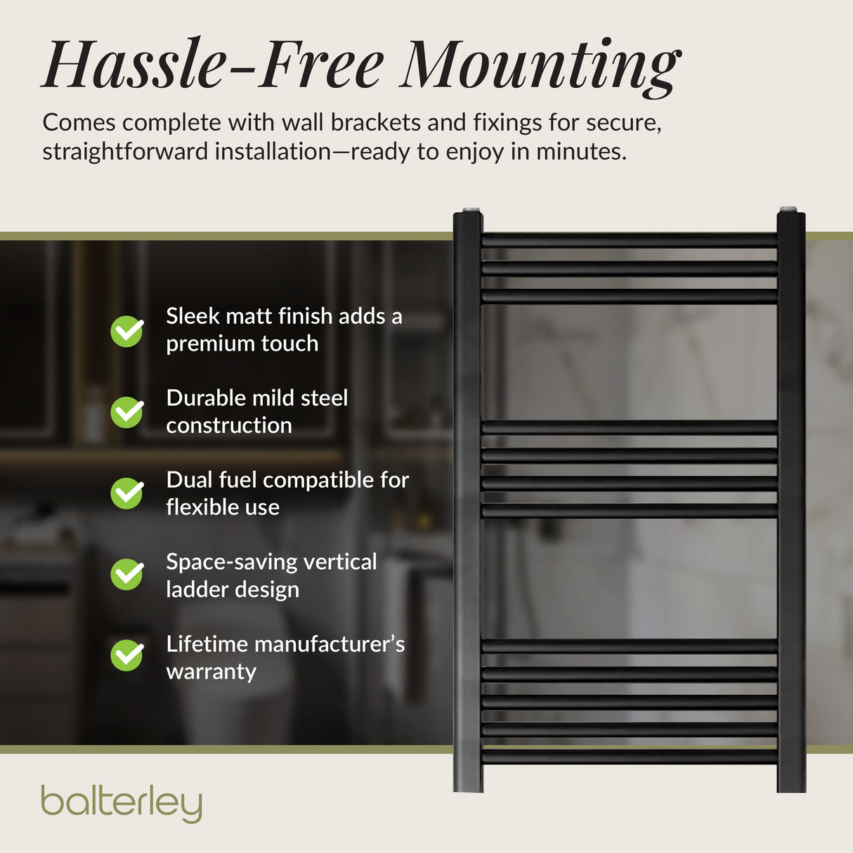 Straight Heated Rail Dual Fuel Towel Warmer, W: 500mm – Choice of Size & Finish