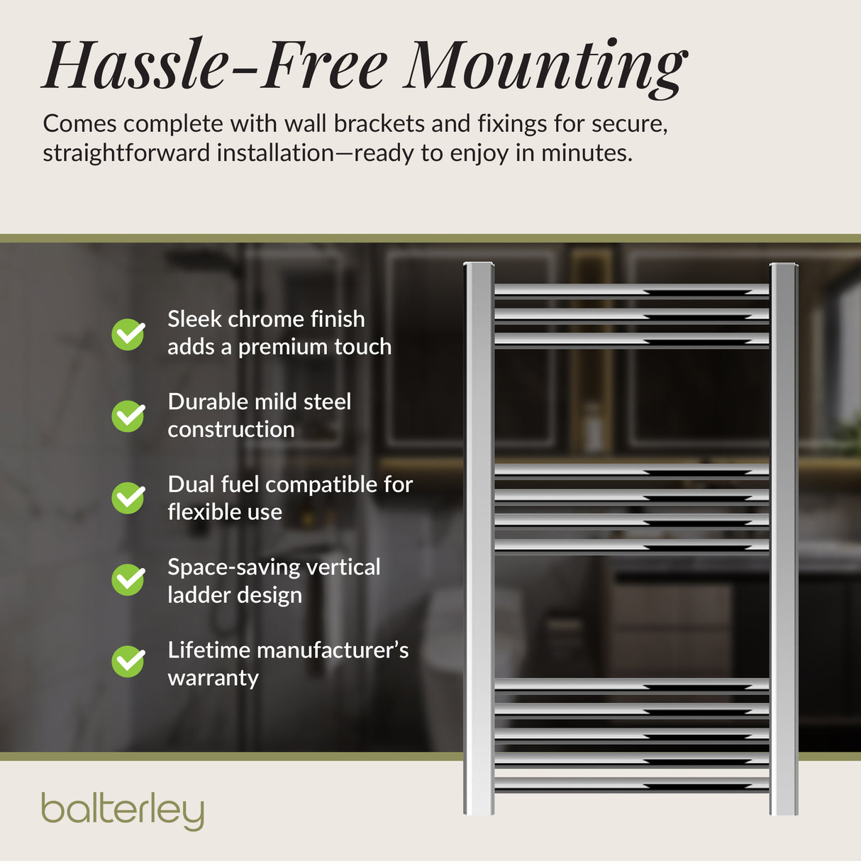 Straight Heated Rail Dual Fuel Towel Warmer, W: 500mm – Choice of Size & Finish