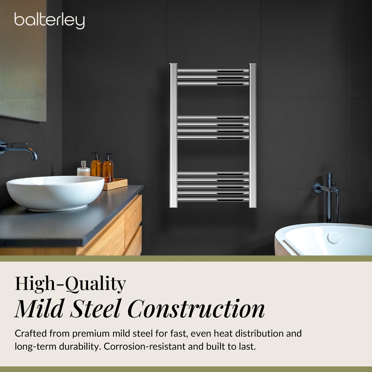 Straight Heated Rail Dual Fuel Towel Warmer, W: 500mm – Choice of Size & Finish