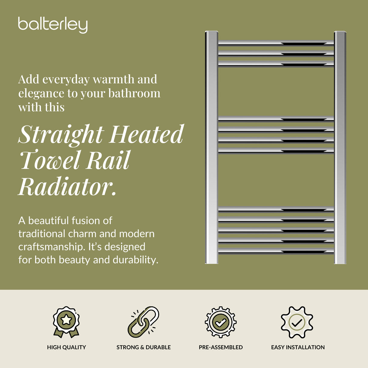 Straight Heated Rail Dual Fuel Towel Warmer, W: 500mm – Choice of Size & Finish