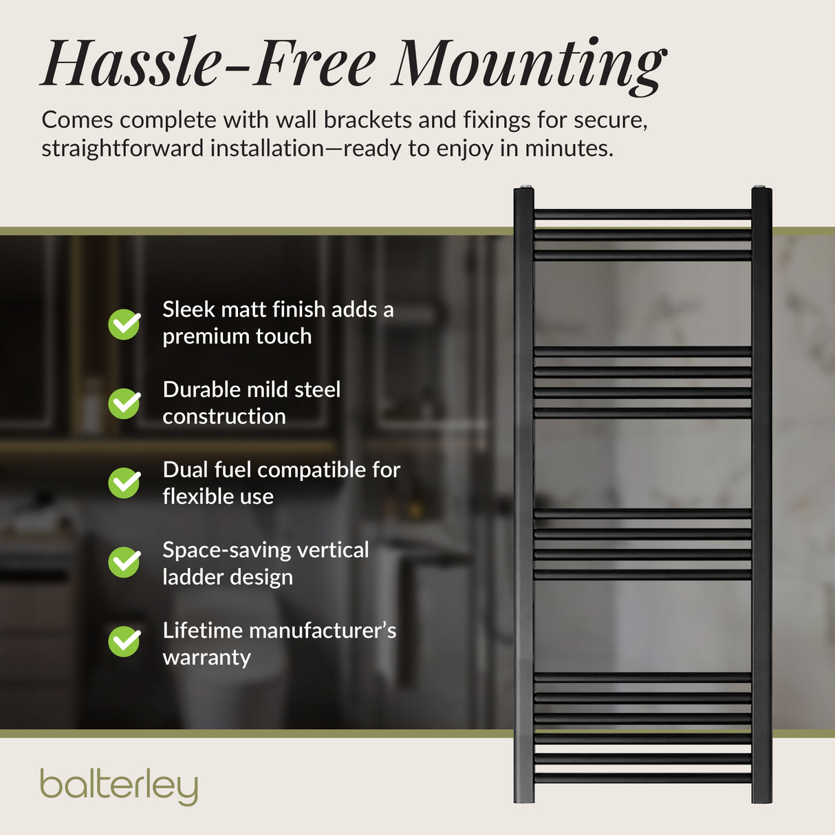 Straight Heated Rail Dual Fuel Towel Warmer, W: 500mm – Choice of Size & Finish