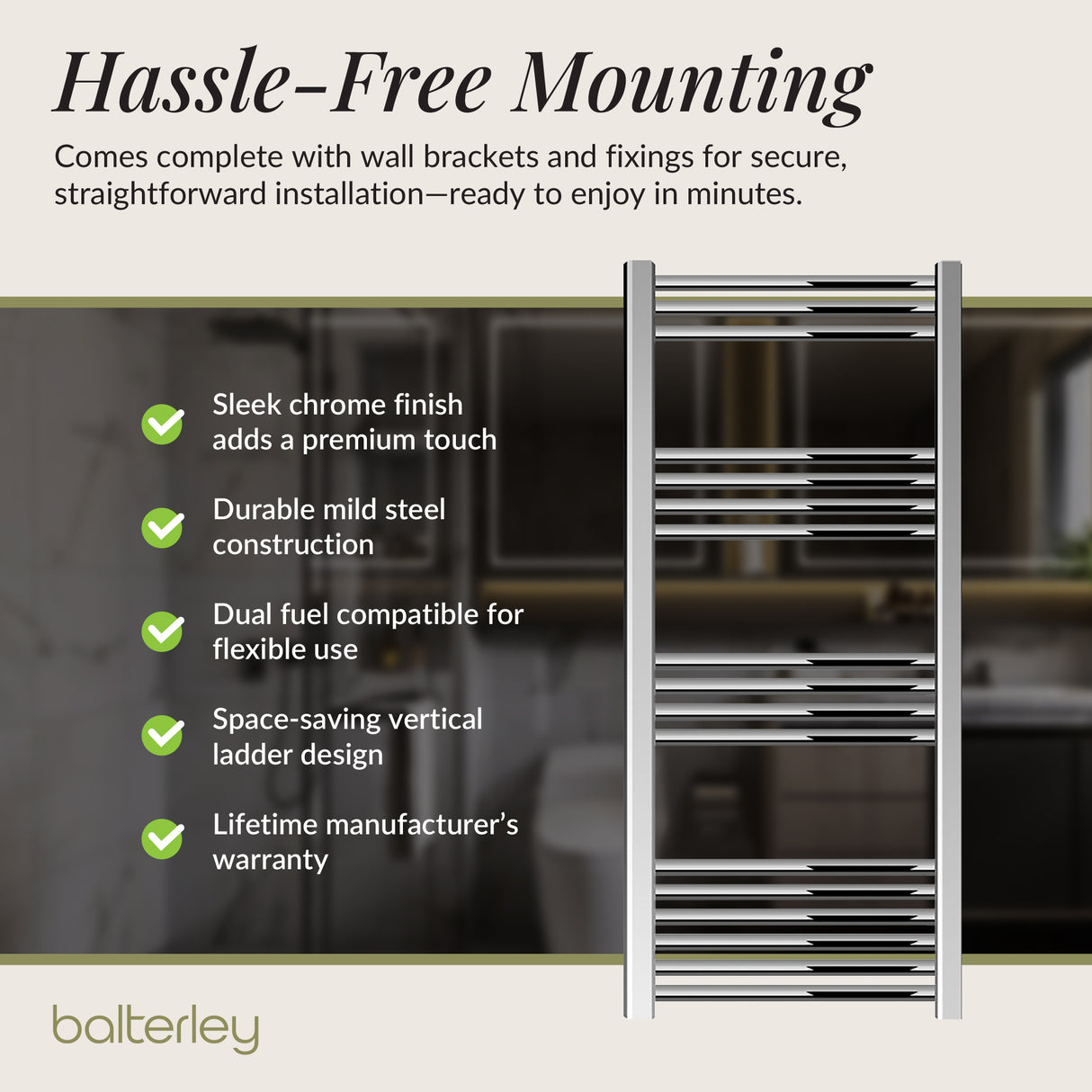 Straight Heated Rail Dual Fuel Towel Warmer, W: 500mm – Choice of Size & Finish