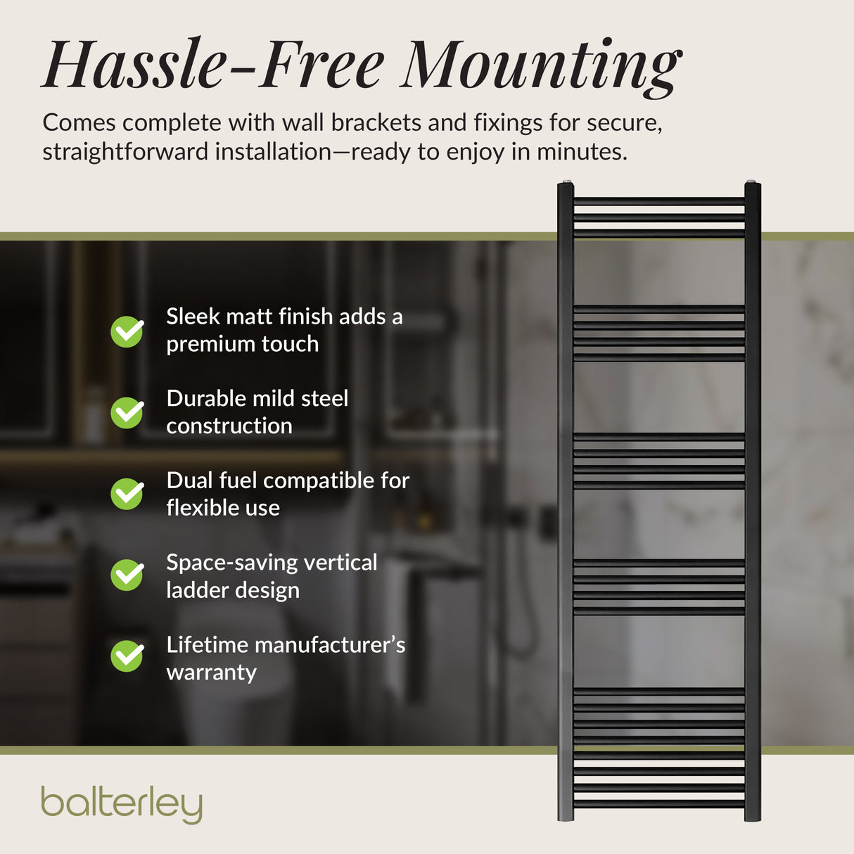 Straight Heated Rail Dual Fuel Towel Warmer, W: 500mm – Choice of Size & Finish