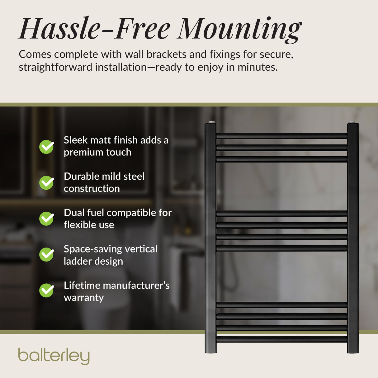 Straight Heated Heated Towel Rail Radiator, W: 600mm - Choice of Height and Finish