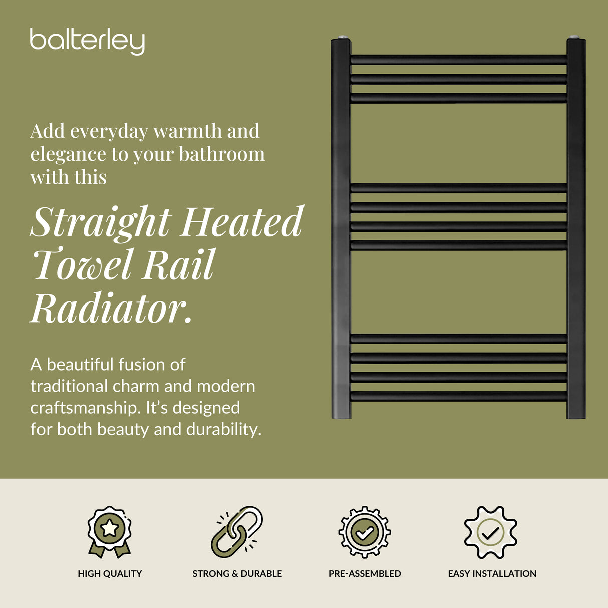Straight Heated Heated Towel Rail Radiator, W: 600mm - Choice of Height and Finish
