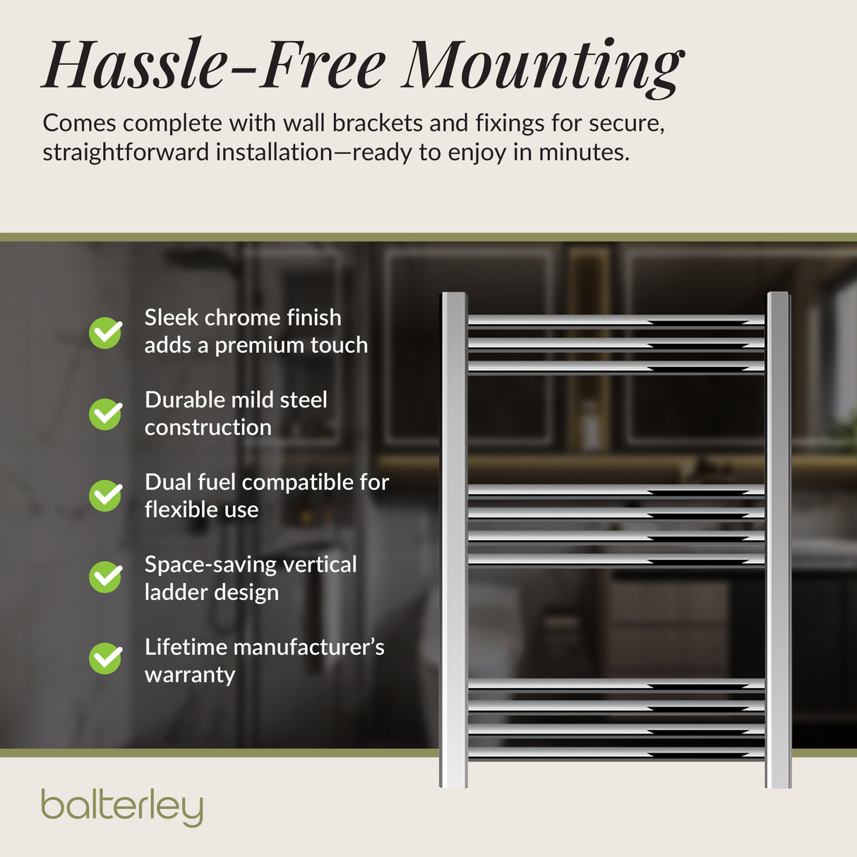 Straight Heated Heated Towel Rail Radiator, W: 600mm - Choice of Height and Finish