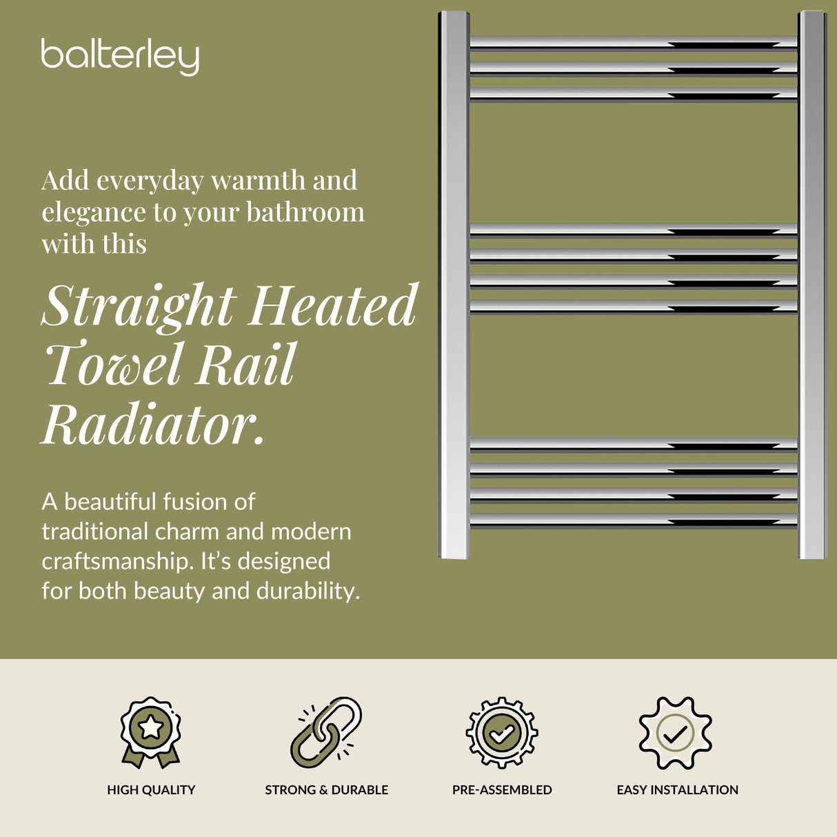 Straight Heated Heated Towel Rail Radiator, W: 600mm - Choice of Height and Finish