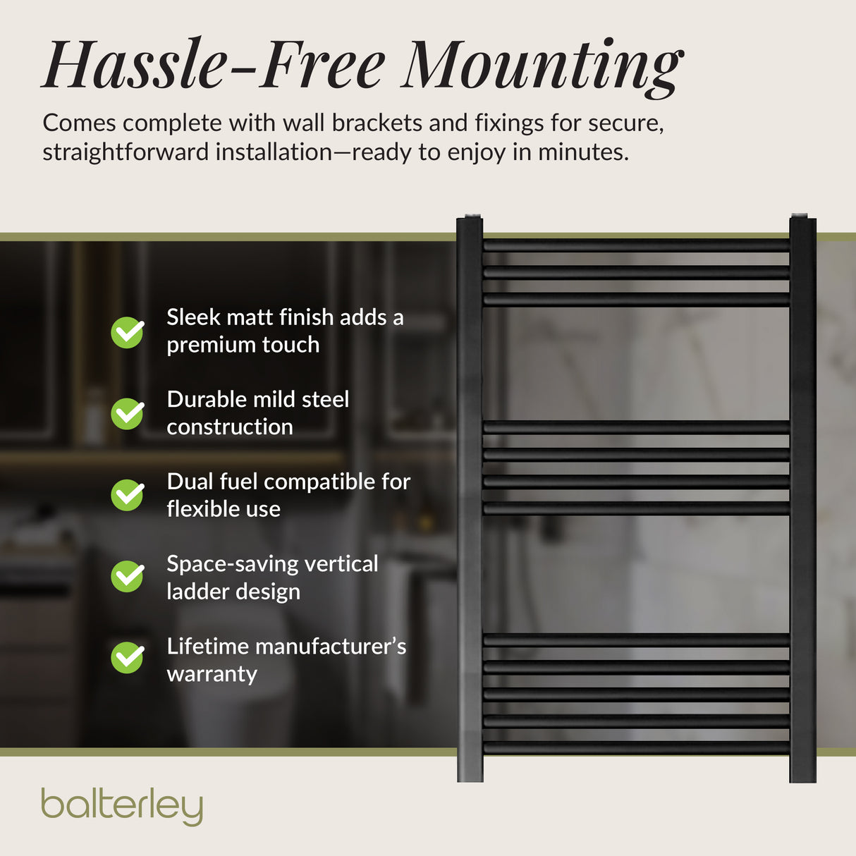 Straight Heated Heated Towel Rail Radiator, W: 600mm - Choice of Height and Finish