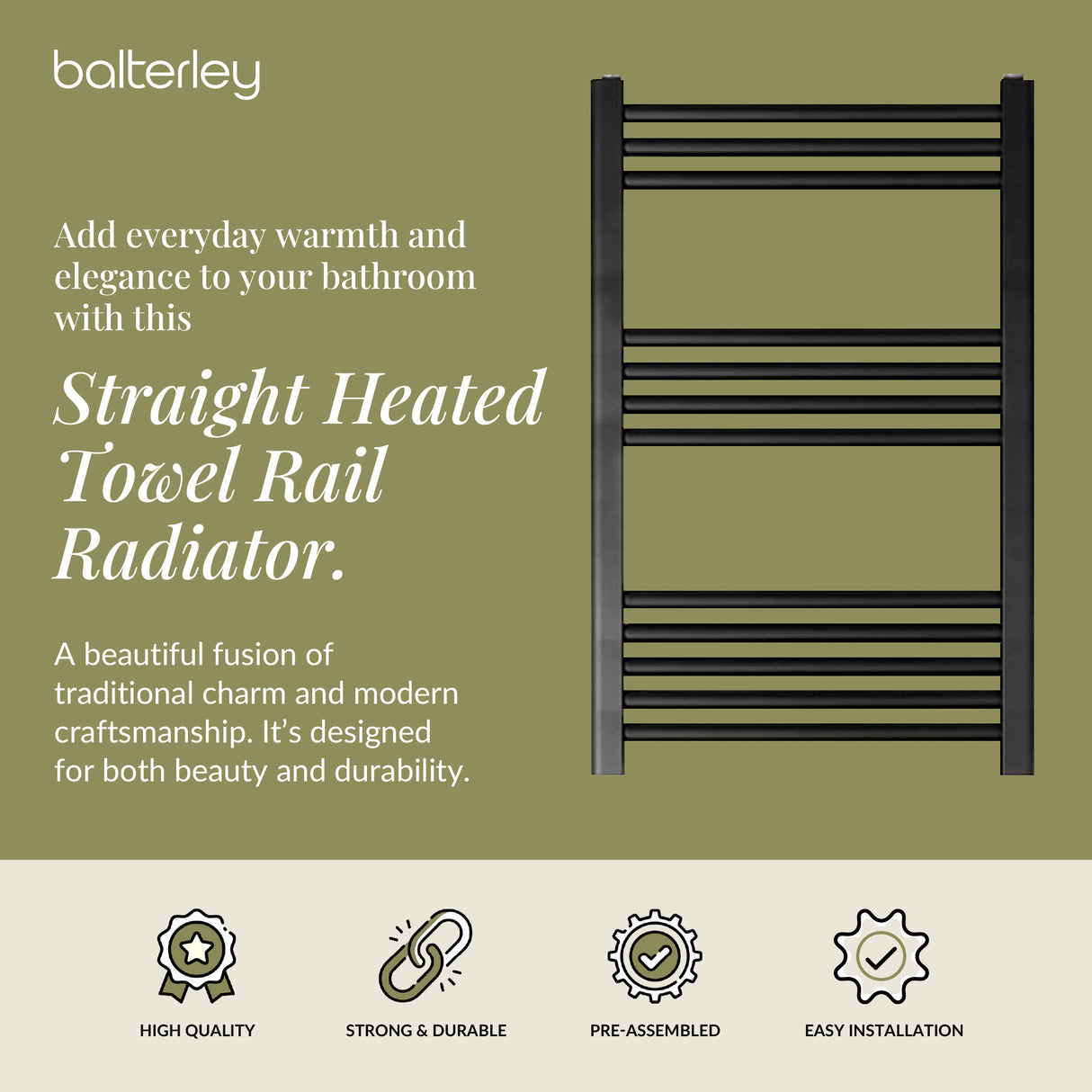 Straight Heated Heated Towel Rail Radiator, W: 600mm - Choice of Height and Finish