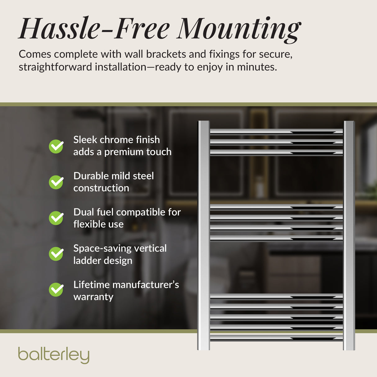 Straight Heated Heated Towel Rail Radiator, W: 600mm - Choice of Height and Finish
