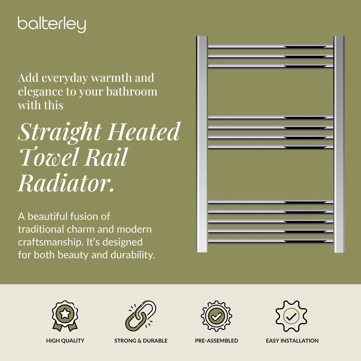 Straight Heated Heated Towel Rail Radiator, W: 600mm - Choice of Height and Finish